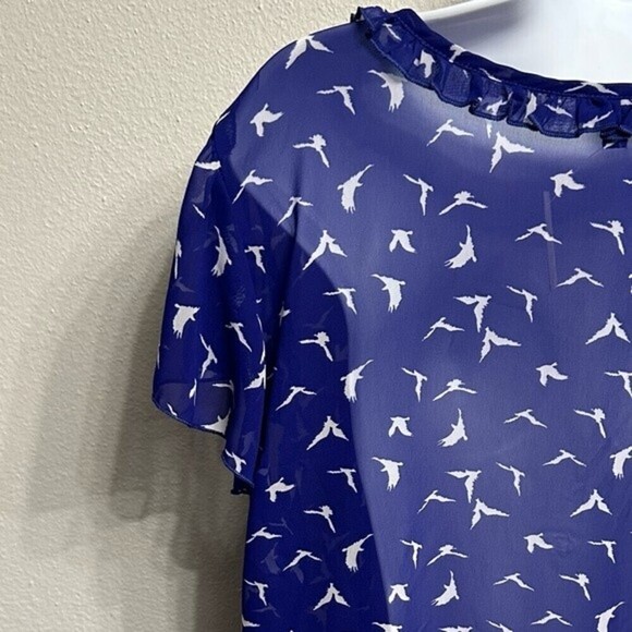 Lily Rose Size XL Sheer Royal Blue Blouse With White Bird Print - Picture 9 of 11
